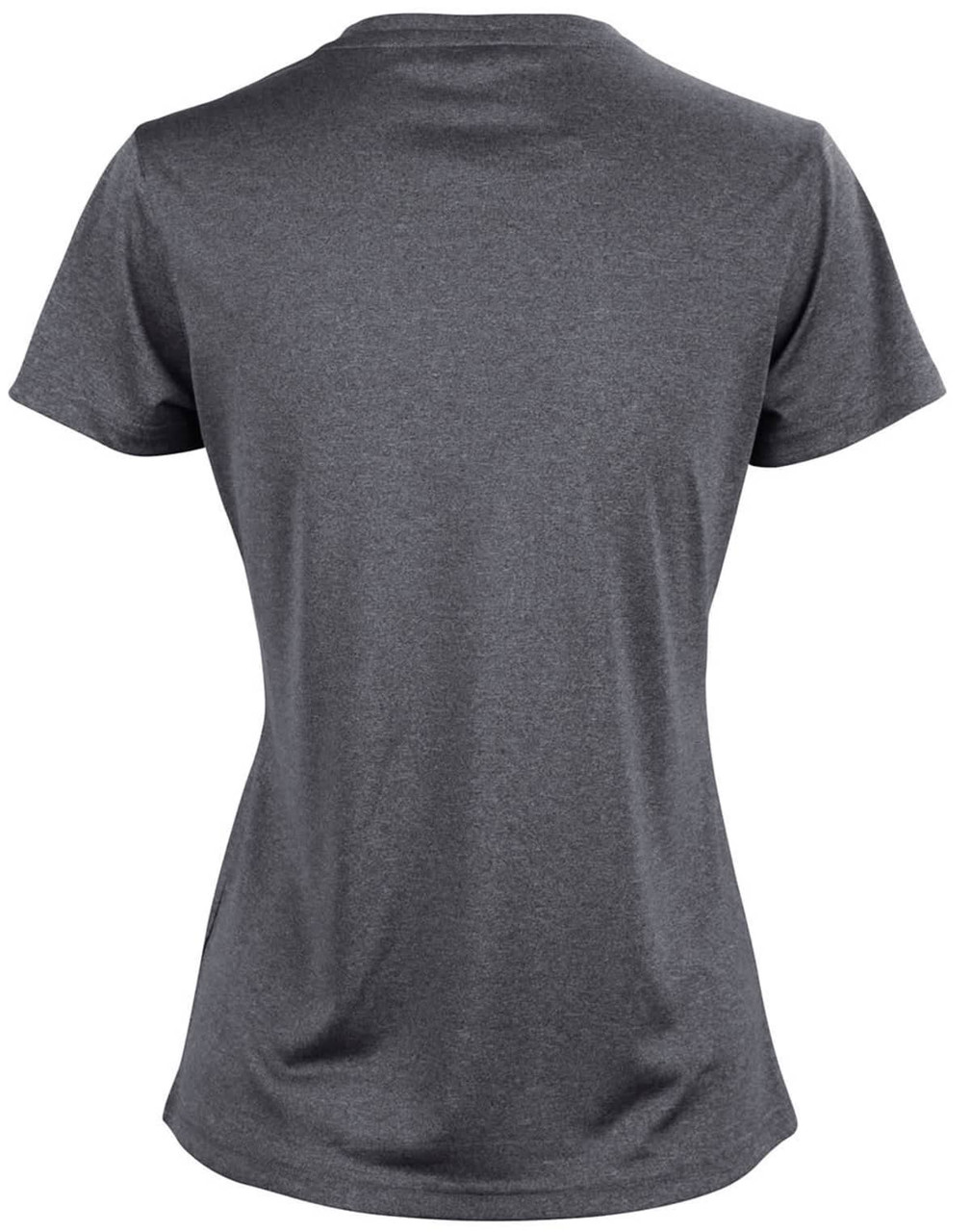 A grey short sleeve tee with a fitted design and a logo on the back.