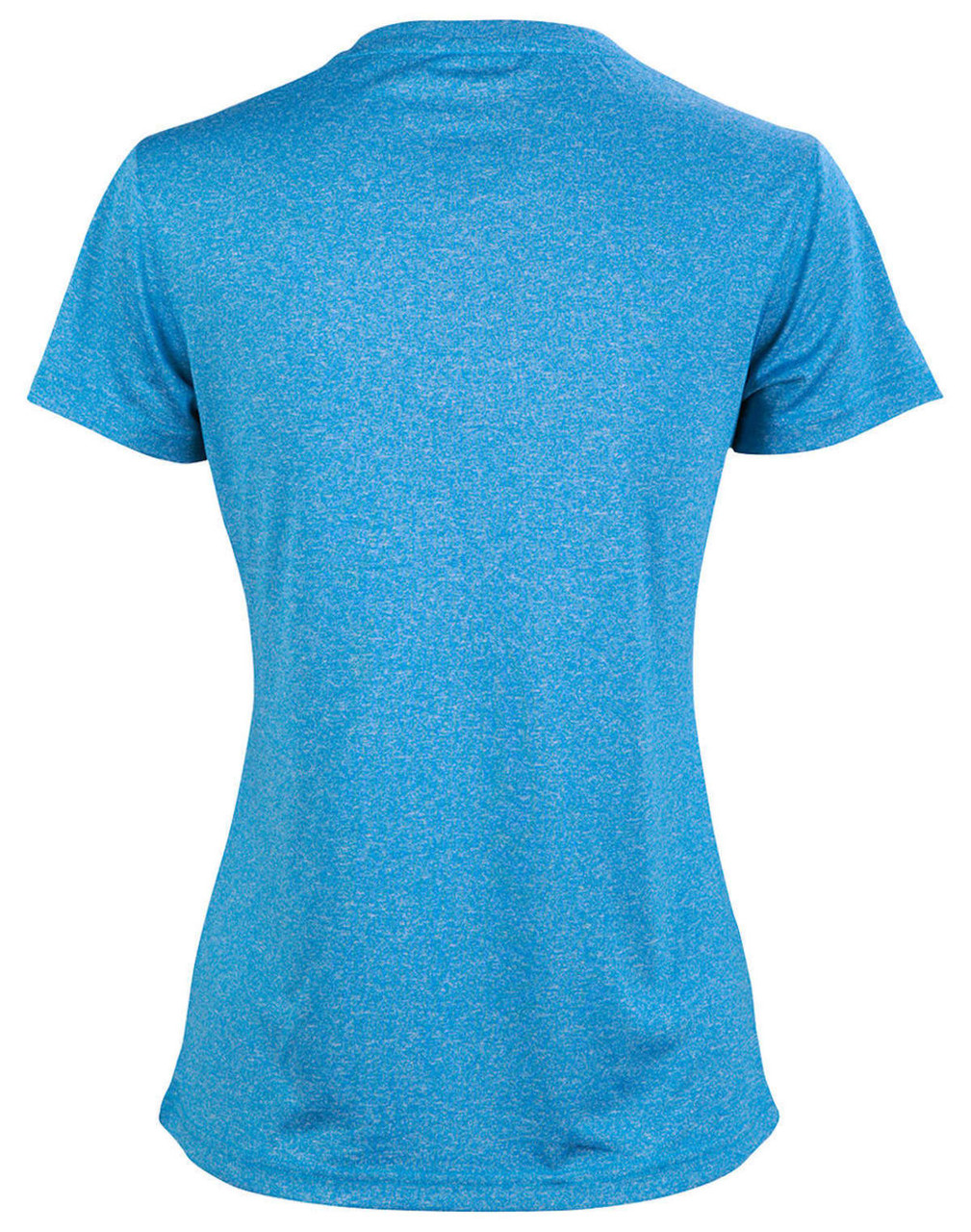 A blue short sleeve tee with a textured pattern, featuring a logo on the back.