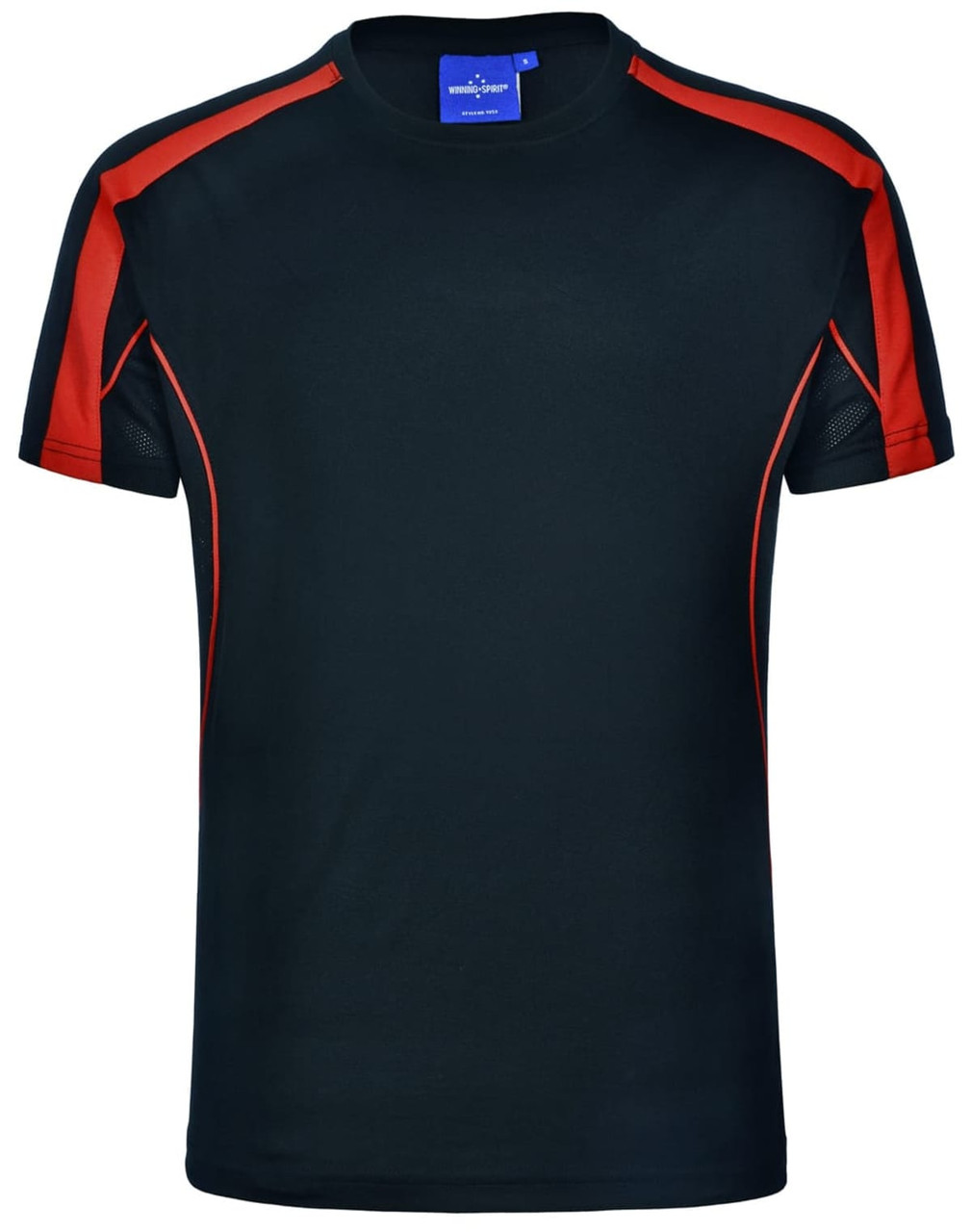 A black short-sleeve T-shirt with red accents and a logo on the neckline.
