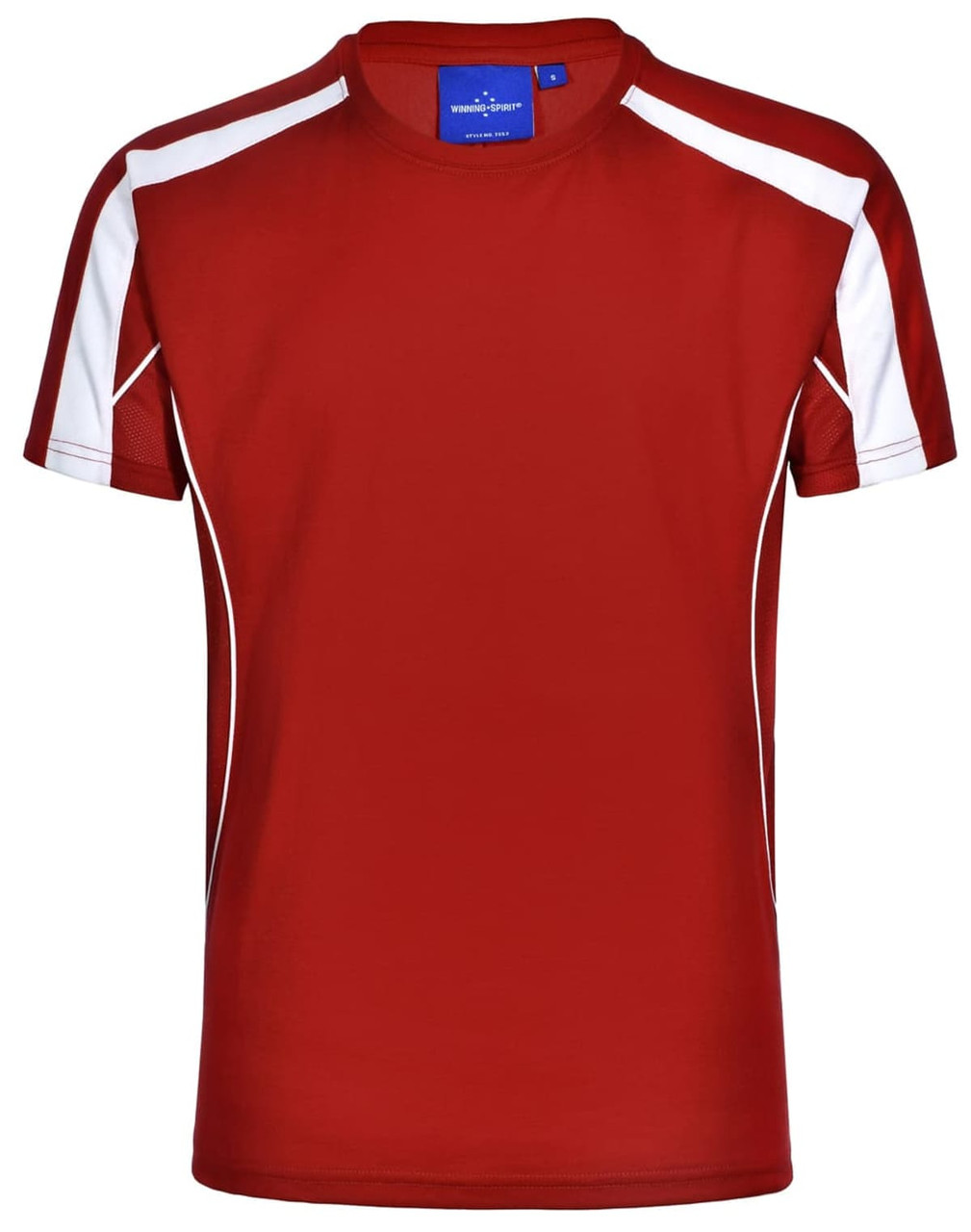 A red short-sleeve T-shirt featuring white accents and a logo on the label.