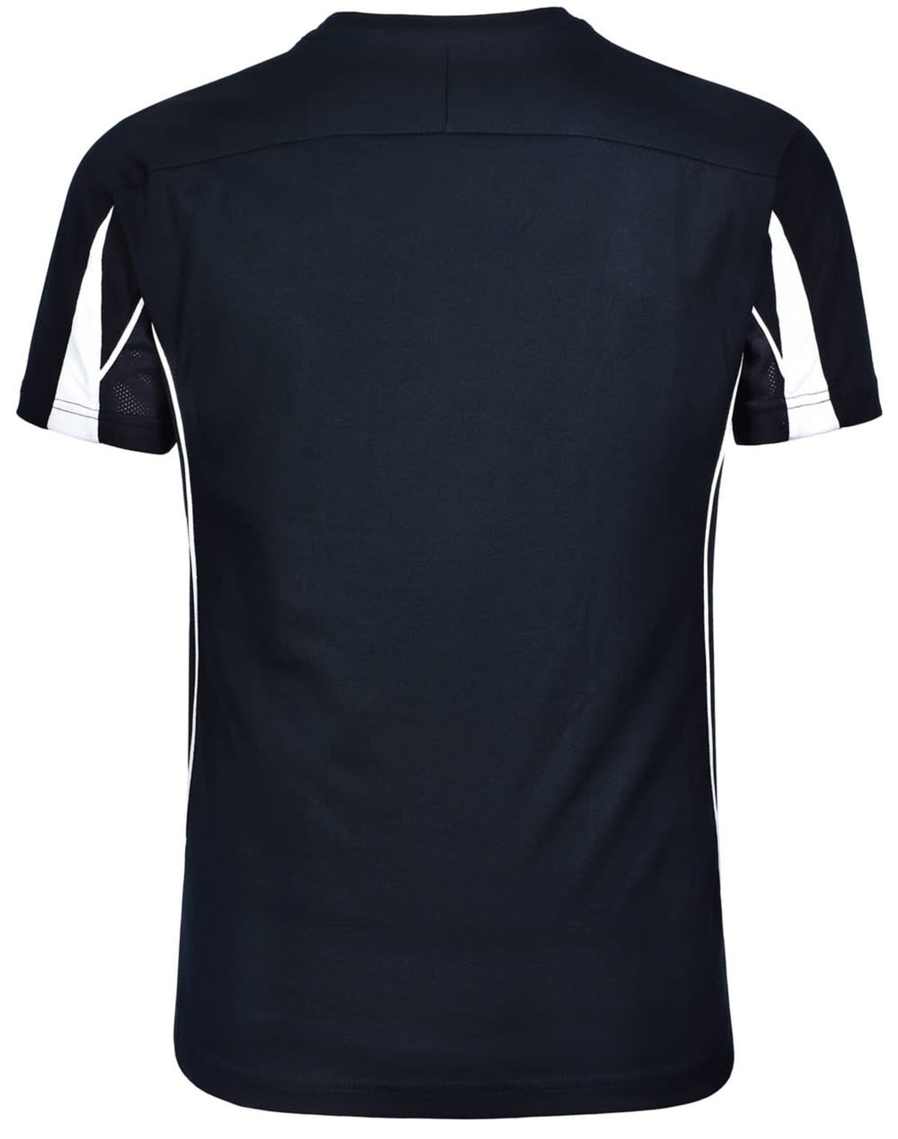 A black short-sleeved T-shirt with white accents and a logo on the back.