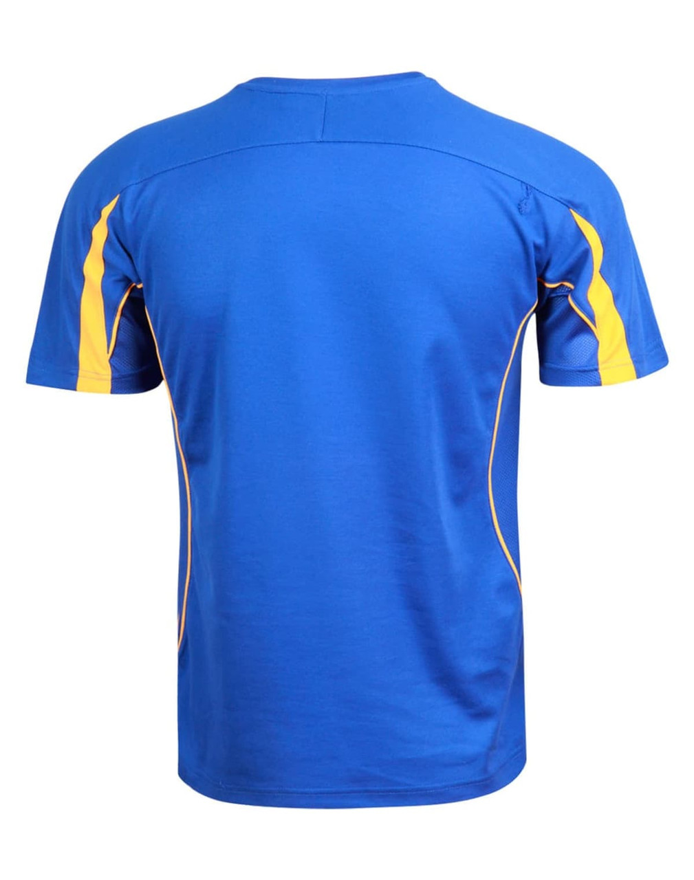 A blue and yellow children's short-sleeve T-shirt with a sporty design and branding on the back.