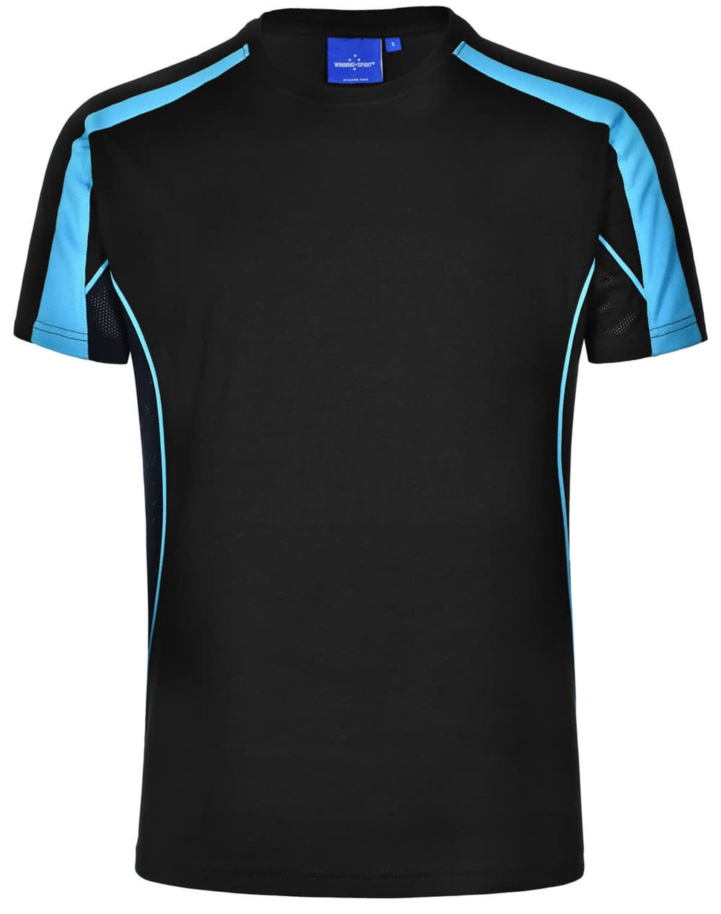A black short-sleeve T-shirt with blue accents and a logo on the neckline.