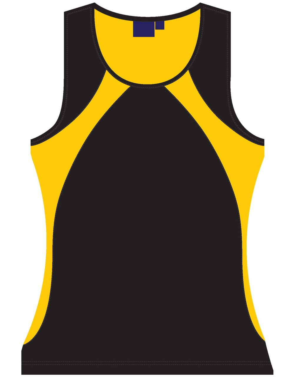 A black and yellow ladies' sprint singlet featuring a logo, designed as a sleeveless athletic top.