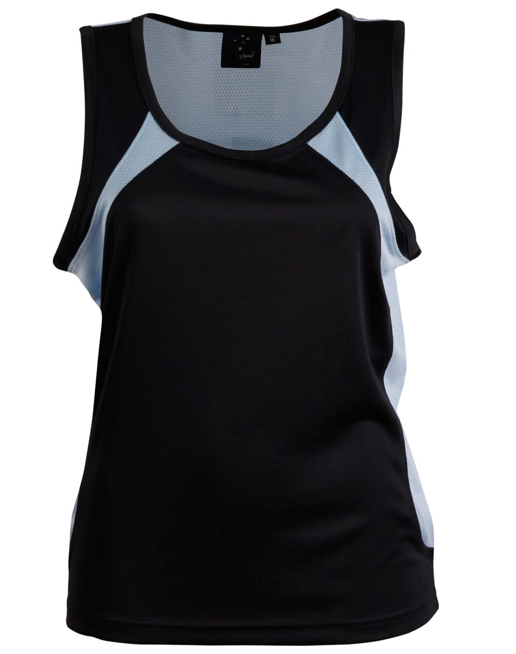 A black and light blue ladies' singlet featuring a lightweight design and athletic cut, with a logo on the label.