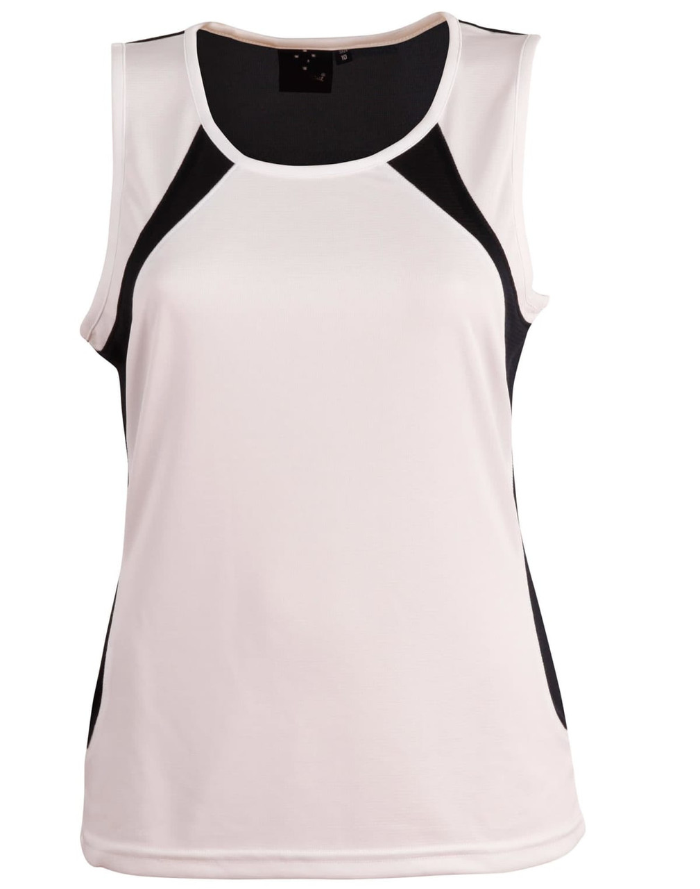 A sleeveless singlet featuring a white body with black accents and a logo on the upper back.