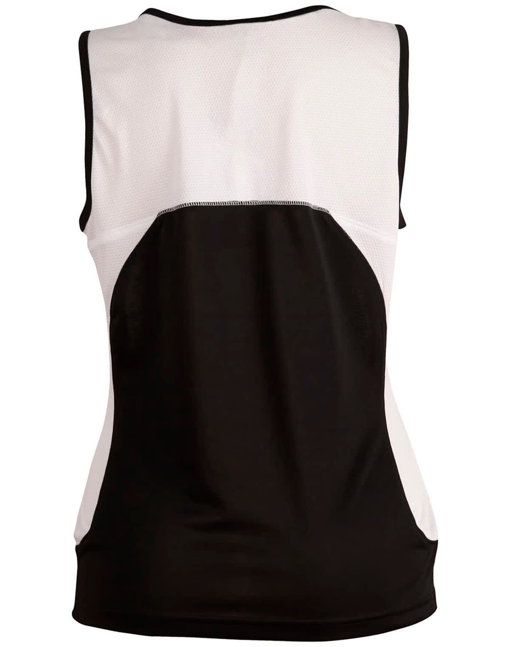 A sleeveless singlet in black and white with a breathable mesh design and a branded logo.
