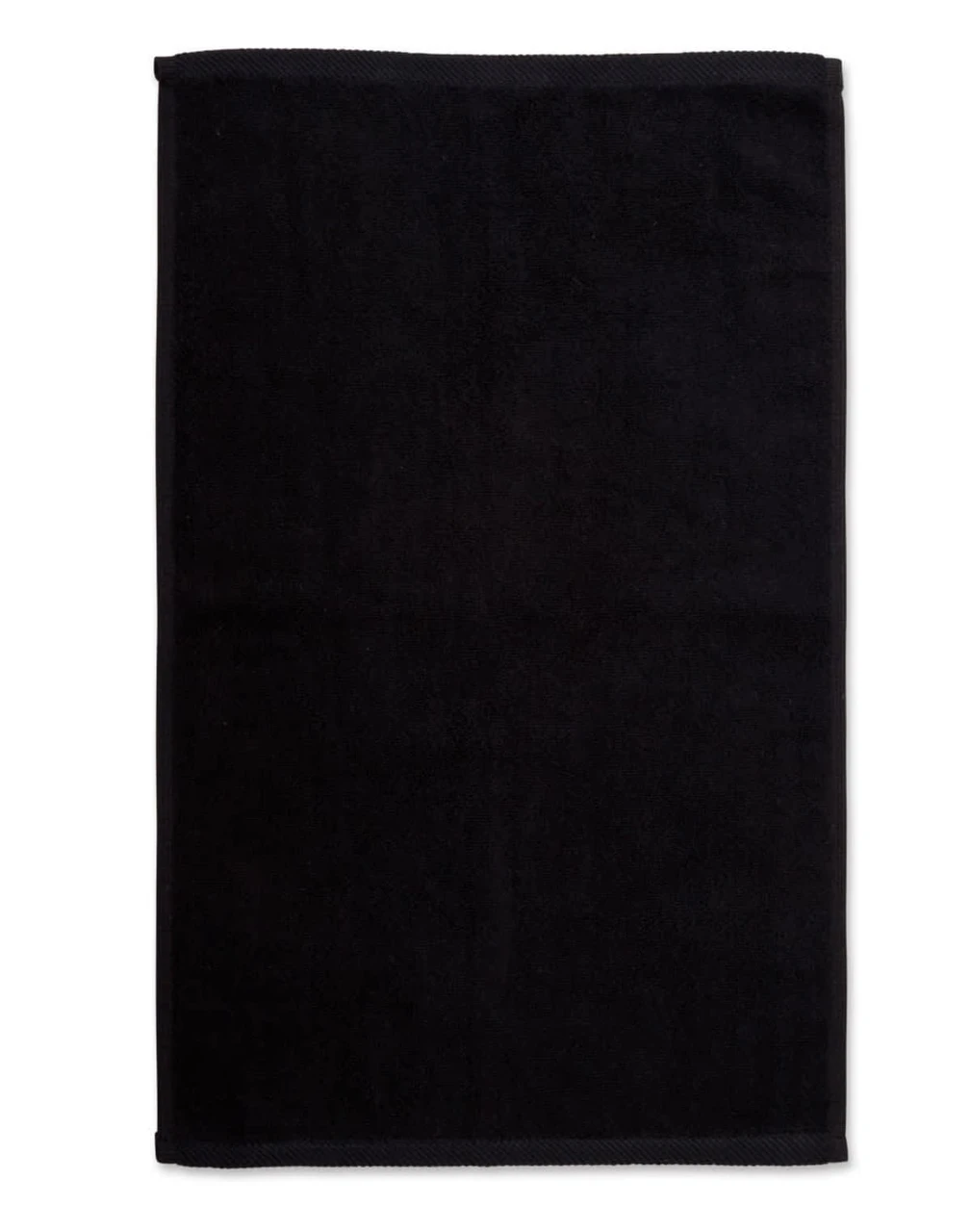 A black hand towel made from double-sided terry, measuring 40x60 cm. Features a logo on the fabric.