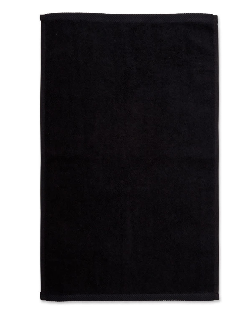 A black hand towel made from double-sided terry, measuring 40x60 cm. Features a logo on the fabric.