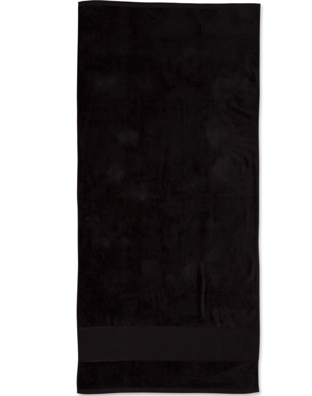 A black terry velour beach towel measuring 75x150 cm, featuring a simple design and a logo.