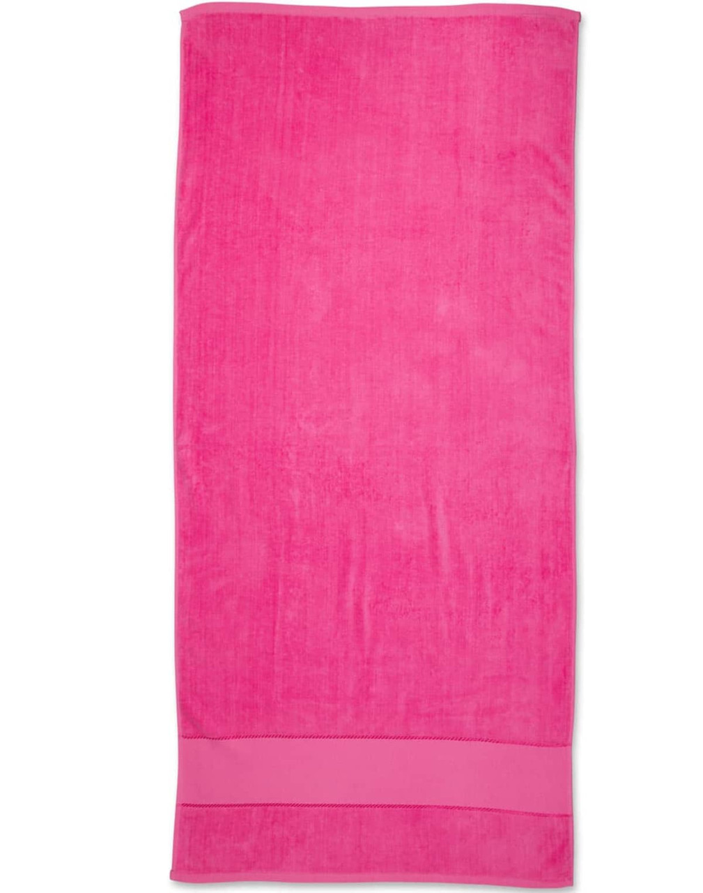 A pink terry velour beach towel, sized 75x150 cm, featuring a solid design and a subtle logo.