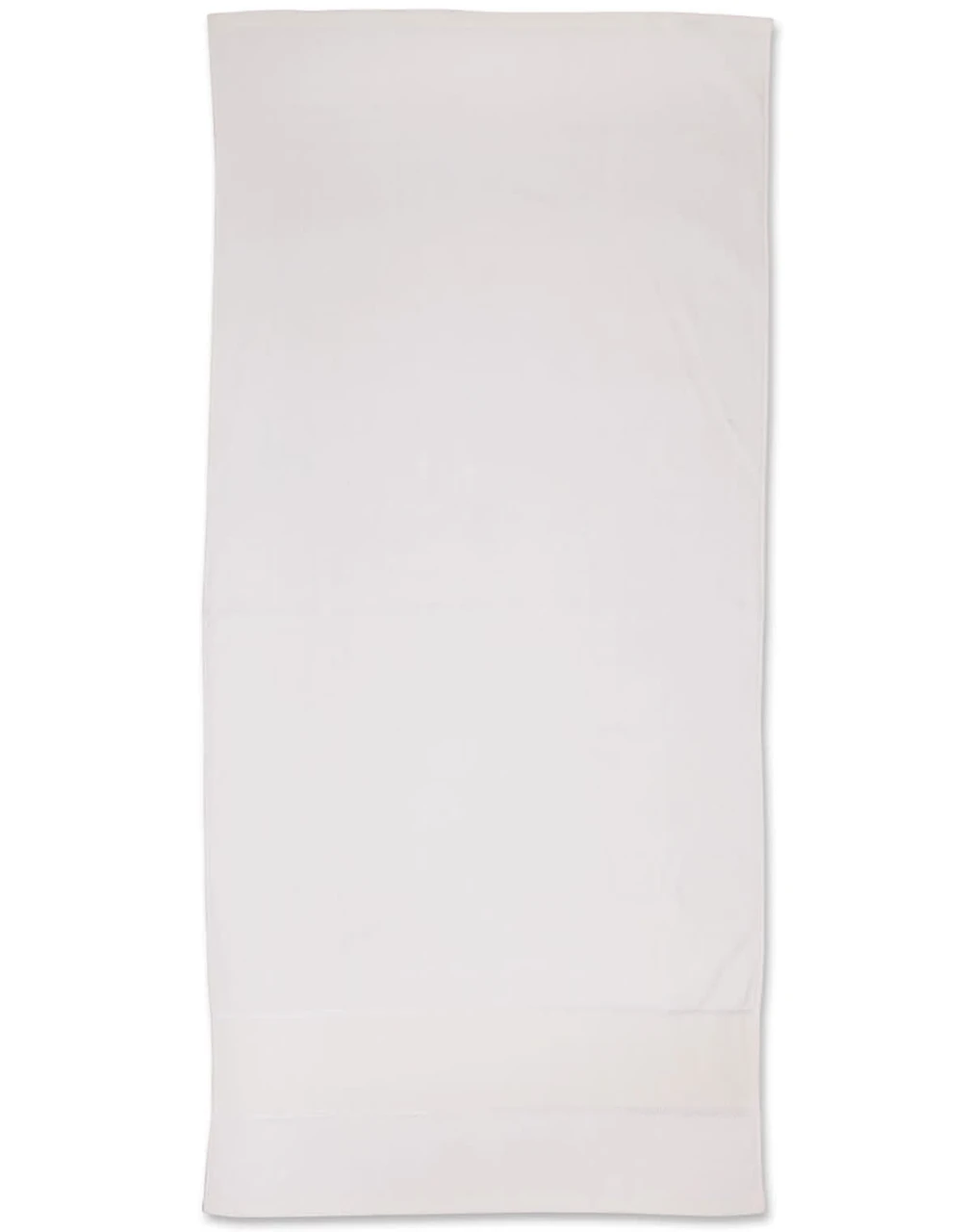 A white terry velour beach towel measuring 75x150 cm, featuring a logo at the edge.