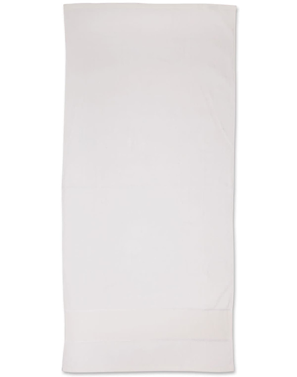 A white terry velour beach towel measuring 75x150 cm, featuring a logo at the edge.
