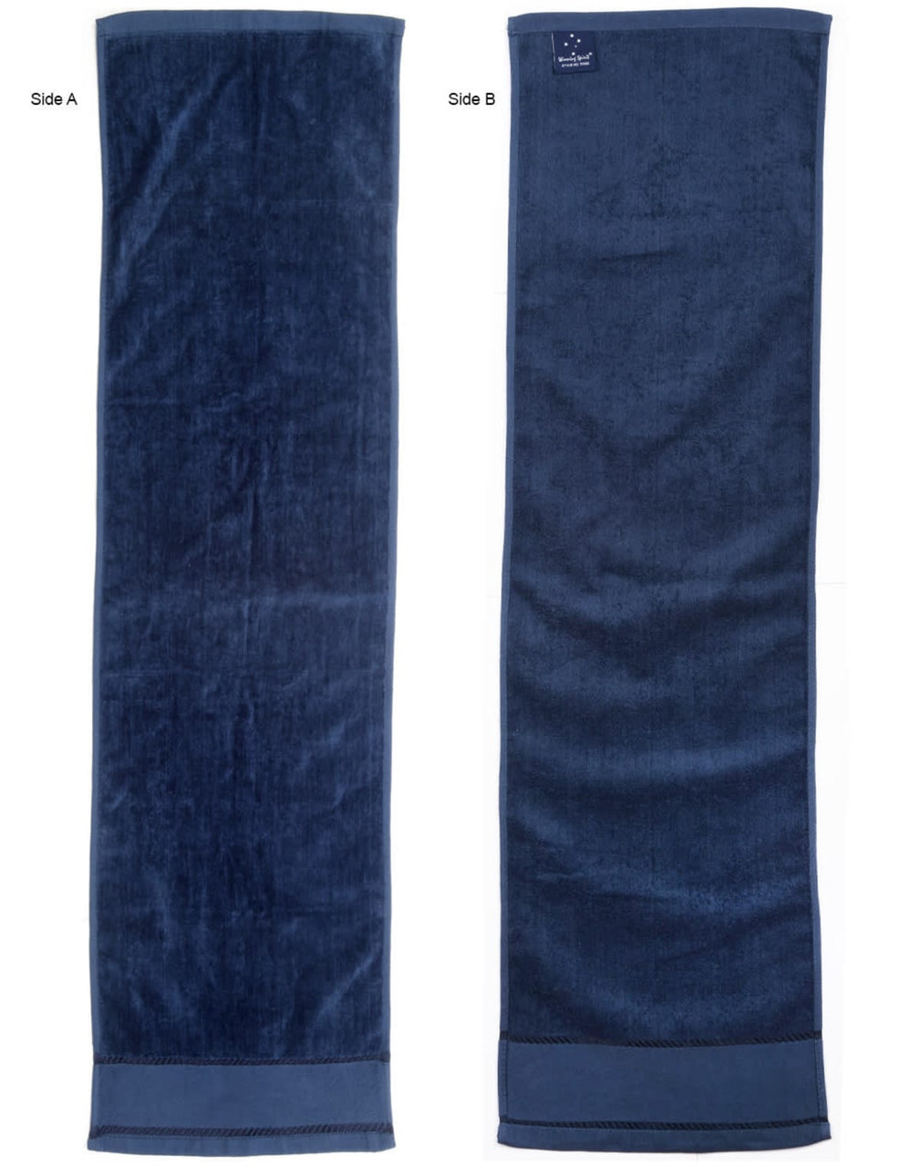 A dark navy terry velour fitness towel, measuring 110x30 cm, featuring two sides with a subtle sheen and a logo.