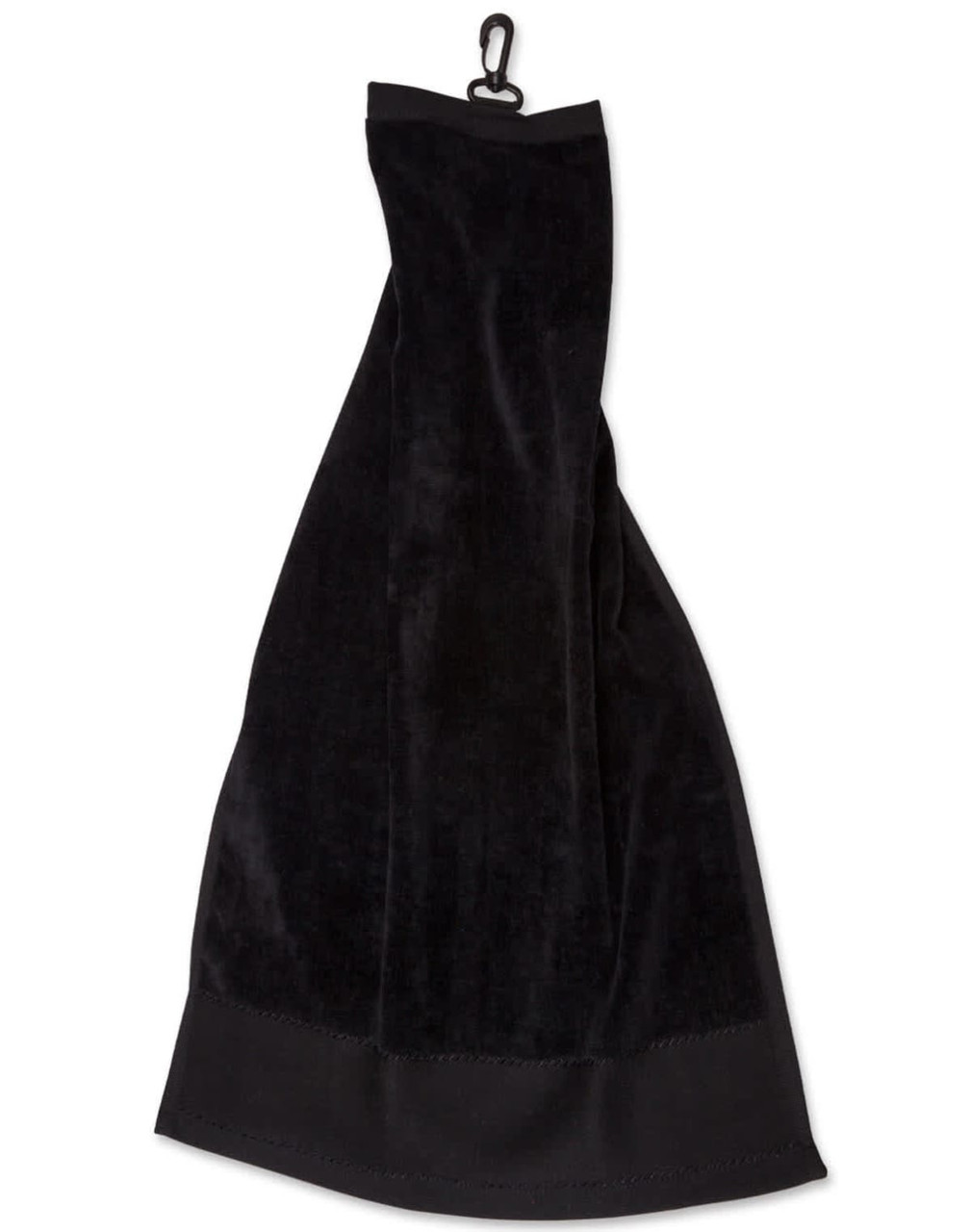 A black golf towel with a hook for easy attachment. It features a soft, plush texture.