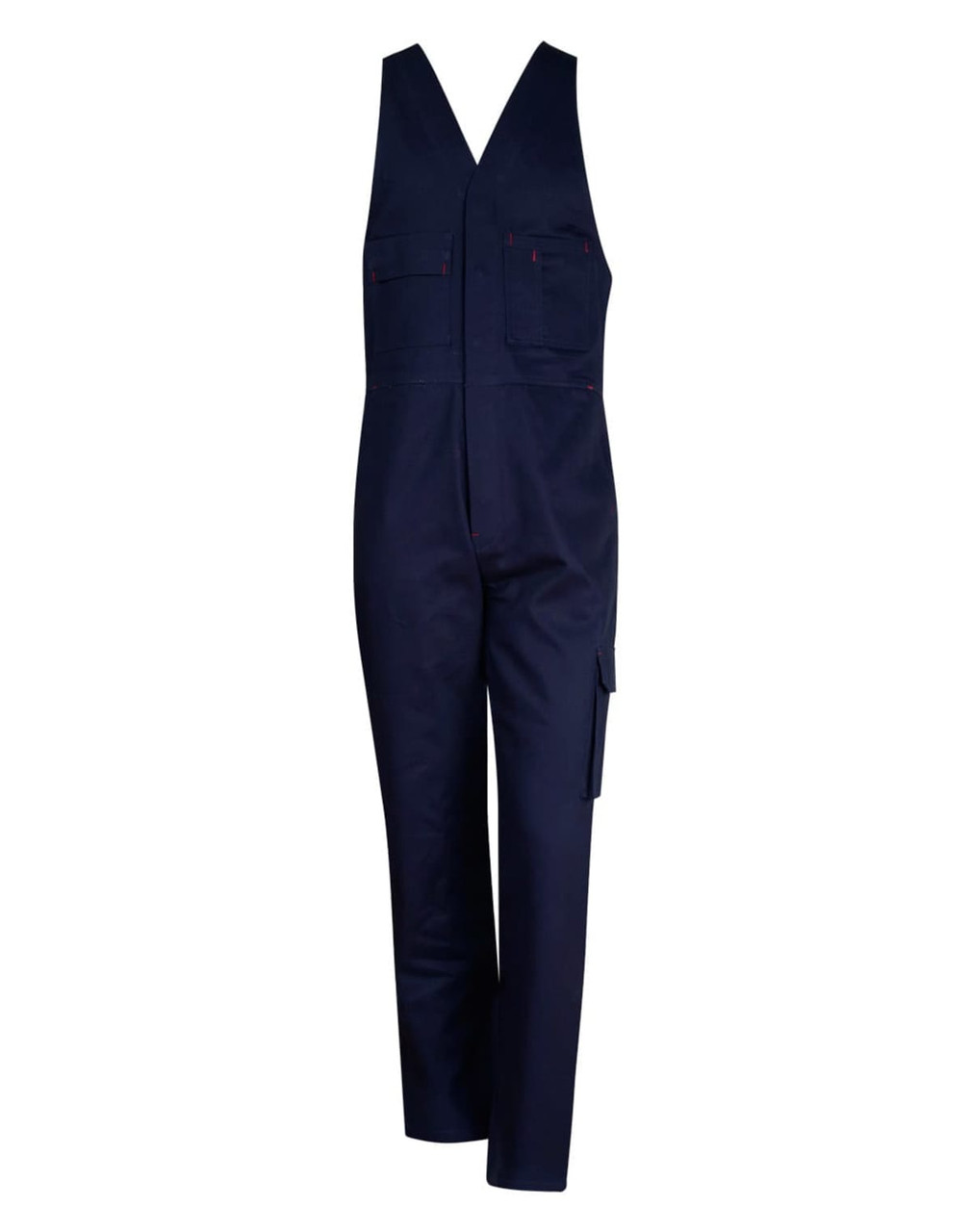 A navy blue cotton drill overall with adjustable straps and multiple pockets. Features a branding logo.