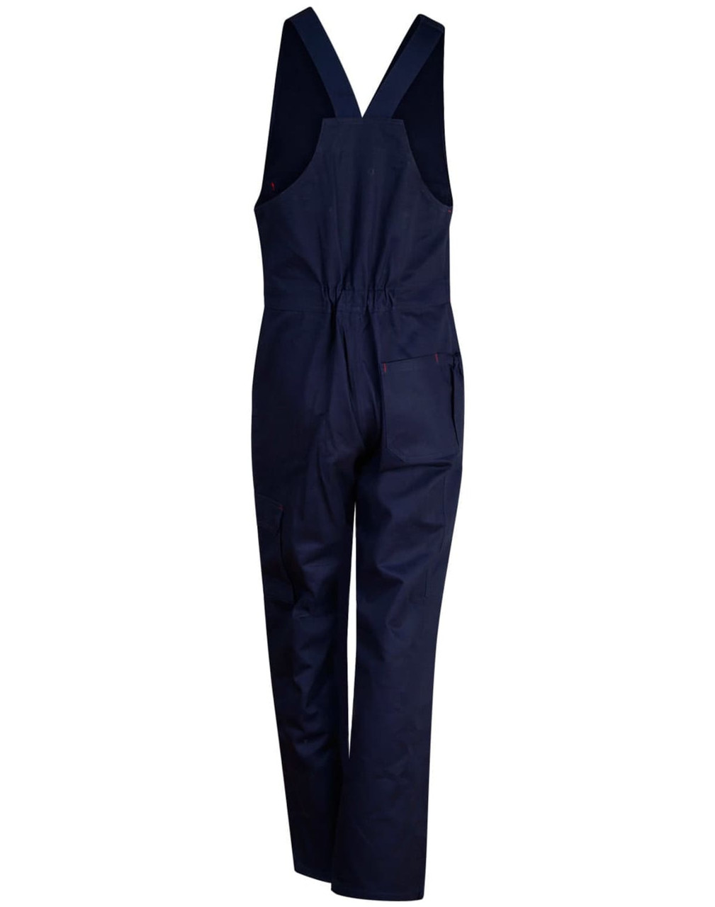 A navy blue cotton drill overall with adjustable straps and multiple pockets, featuring a logo on the front.