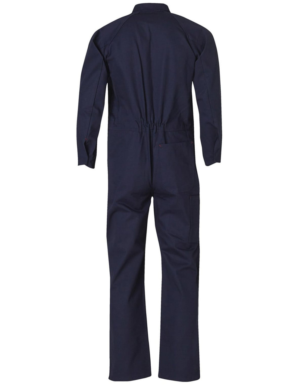 A navy blue men's cotton drill coverall with long sleeves and a fitted waist, featuring a logo.