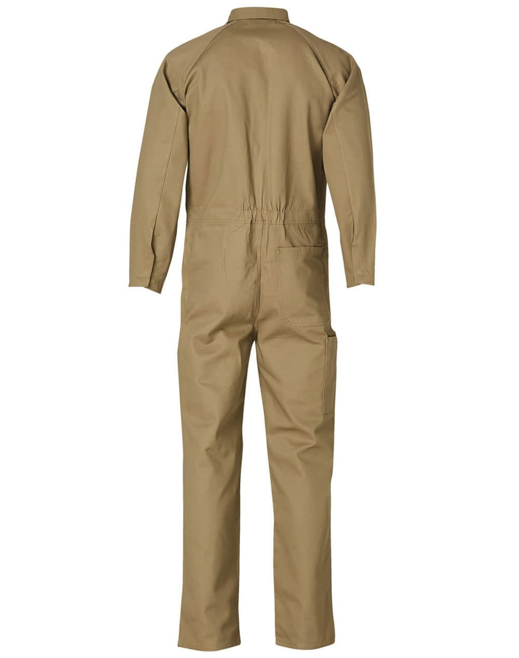 A tan men's cotton drill coverall with a zip closure and pockets, featuring a logo on the back.