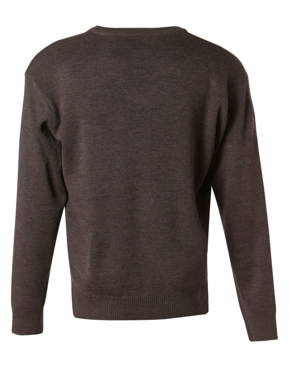 A grey V neck wool and acrylic knit jumper viewed from the back, featuring a simple design and long sleeves.