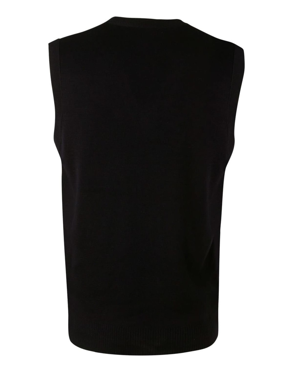 A black V neck wool and acrylic knit vest, featuring a sleeveless design and ribbed bottom hem.