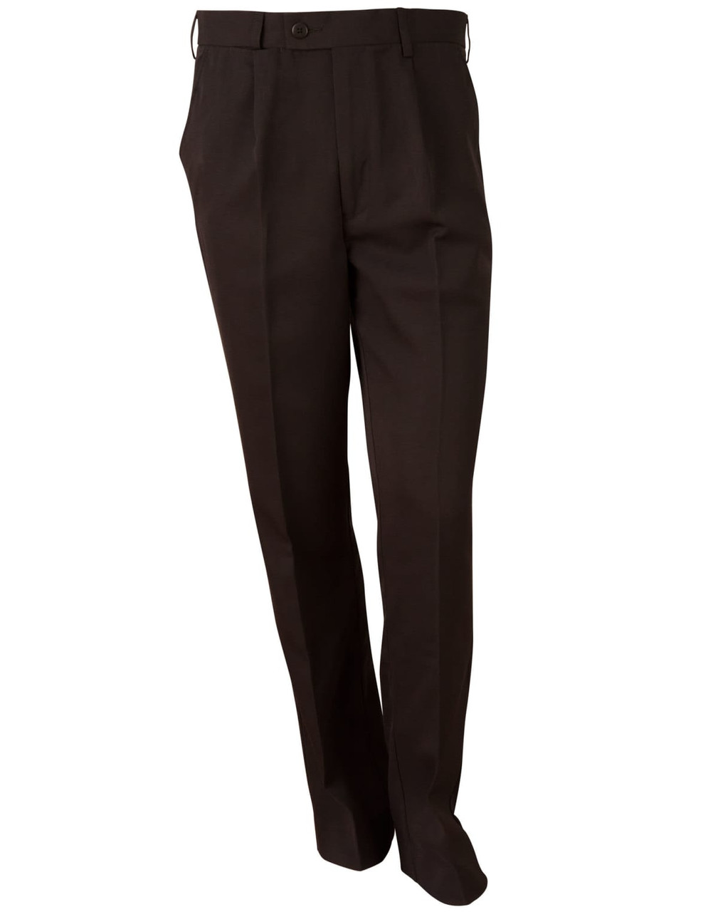 Men's permanent press pants in dark brown, featuring a straight-leg design and a button closure.