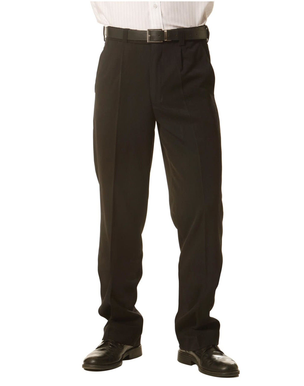 Black permanent press pants with a straight fit, paired with shiny black shoes and a white collared shirt.