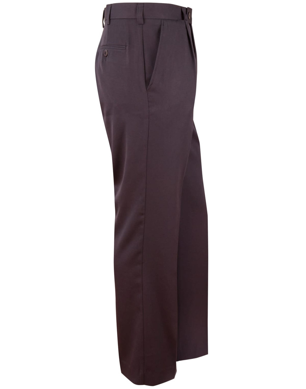A pair of men's permanent press slacks in dark brown, featuring a side pocket and back buttoned pocket.