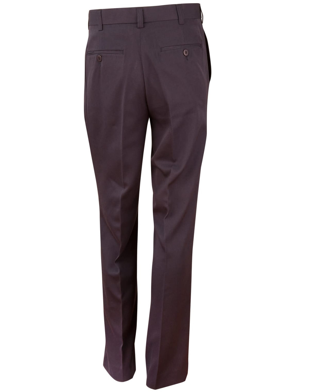 Dark grey men's permanent press slacks, featuring a straight-leg cut and back pockets. The pants have a sleek appearance.