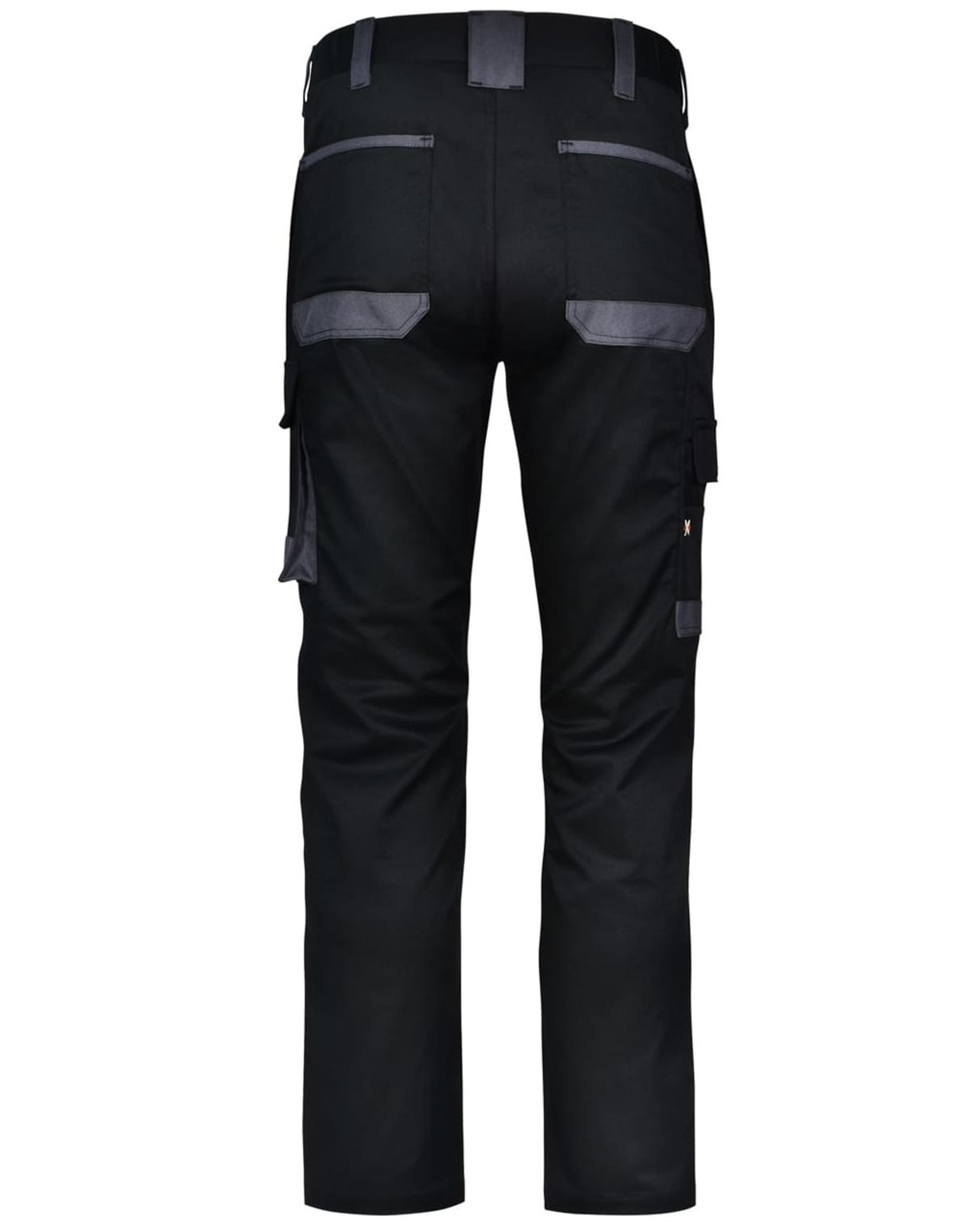 Unisex utility stretch cargo work pants in black with grey accents, featuring multiple pockets and a logo.