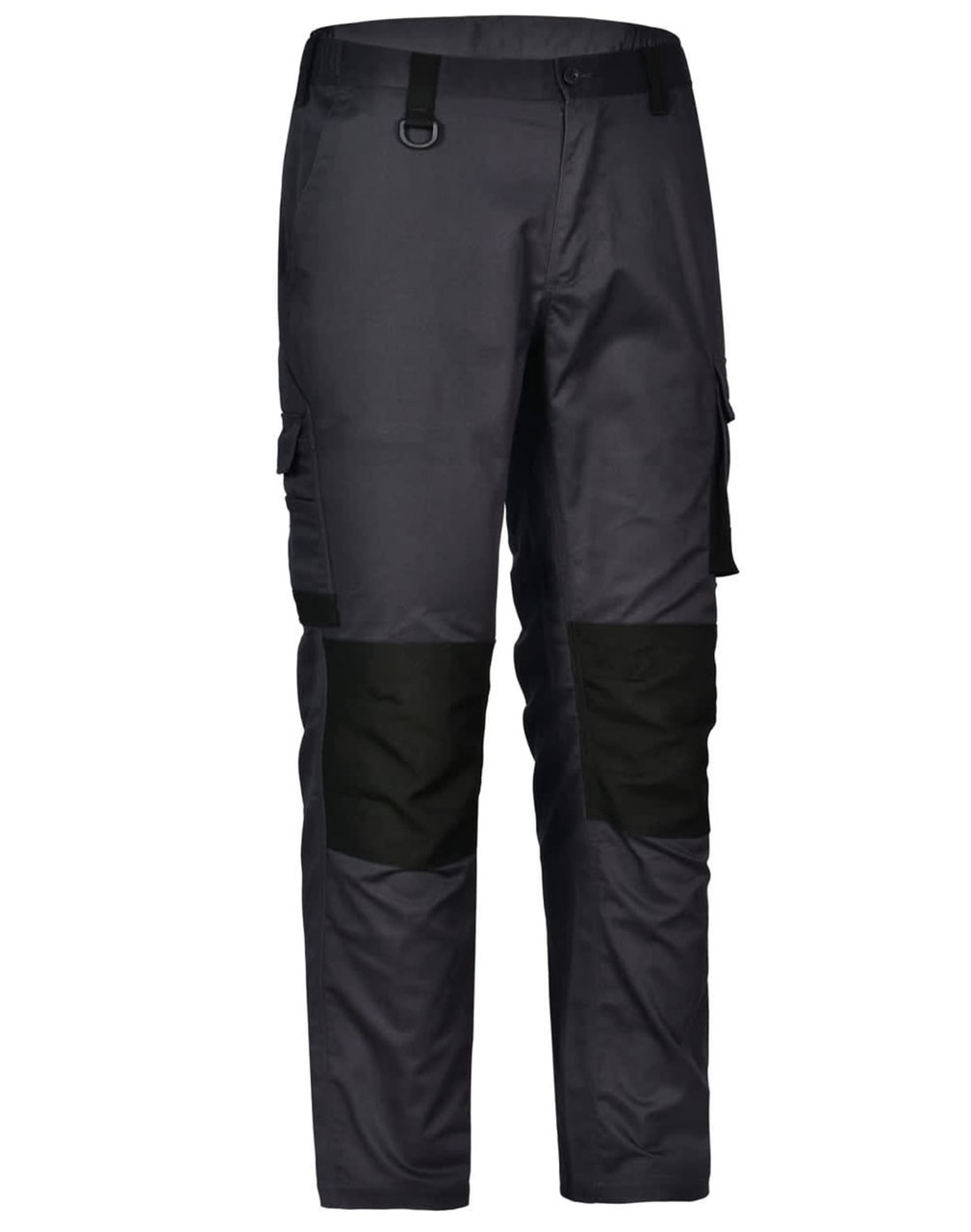 Unisex utility stretch cargo work pants in black with contrasting black panels and multiple pockets.
