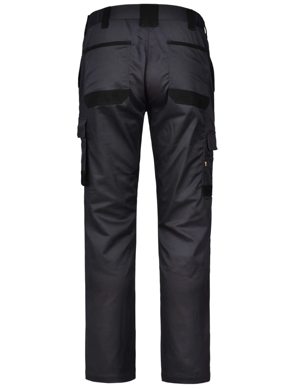 Unisex utility stretch cargo work pants in black, featuring multiple pockets and a logo on the back.