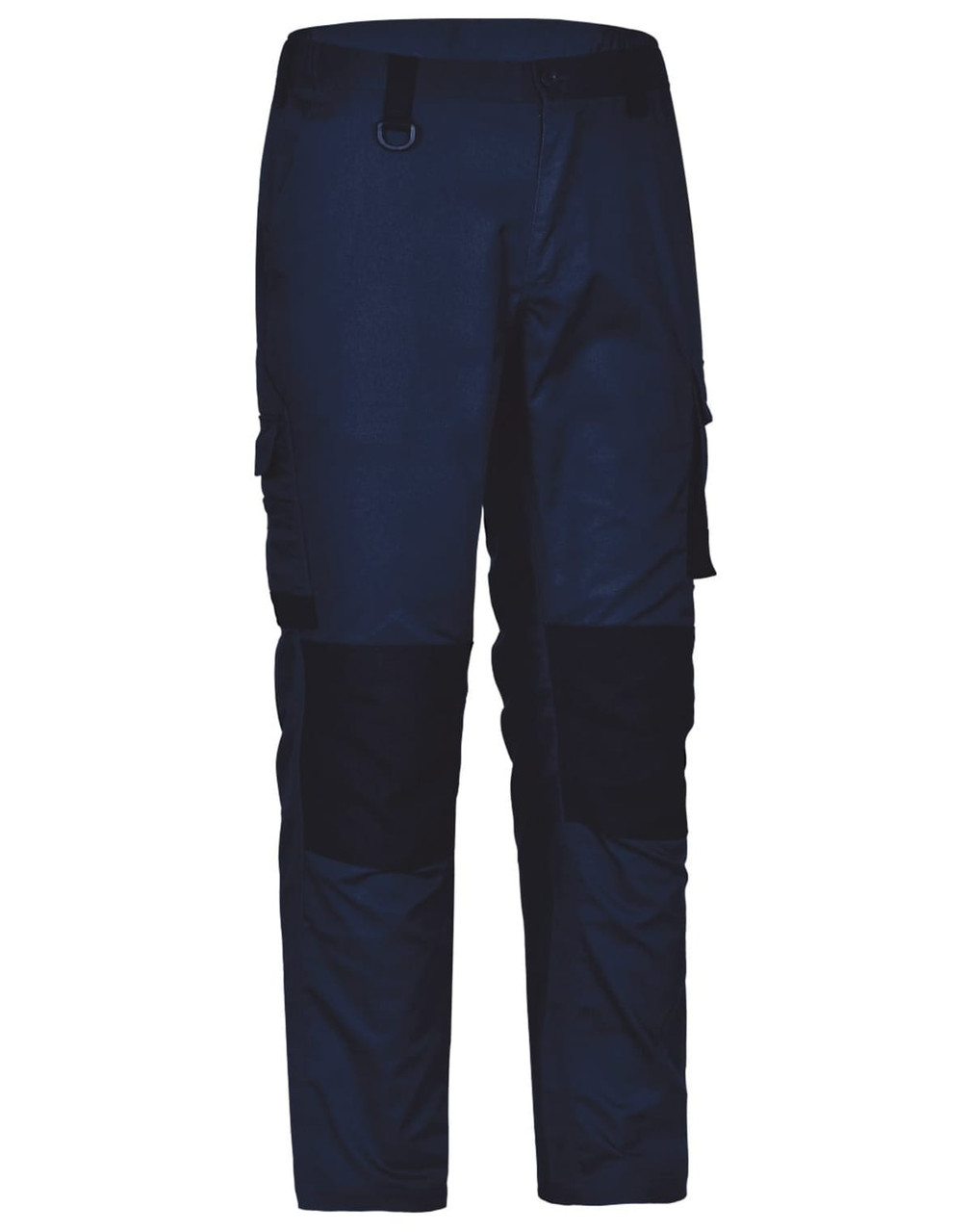 Unisex utility stretch cargo work pants in navy blue with black accents and multiple cargo pockets. Features a logo.