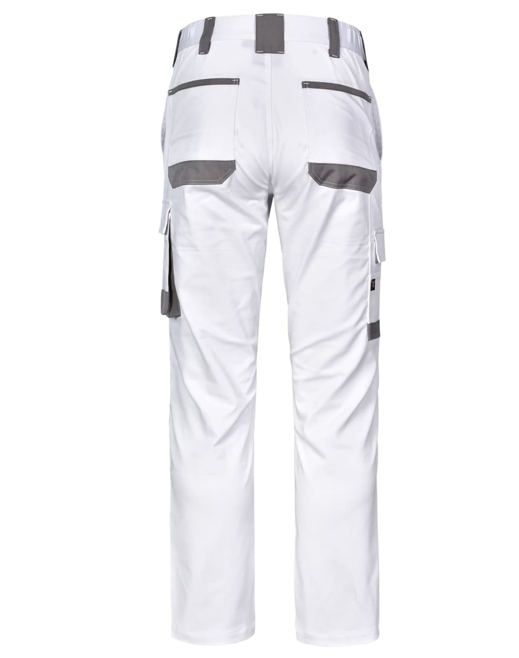 Unisex utility stretch cargo work pants in white, featuring multiple pockets and a logo.