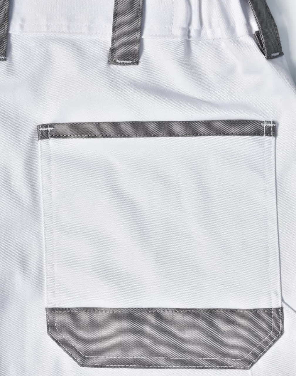 A pair of white unisex cargo work pants featuring grey accents and a large back pocket.