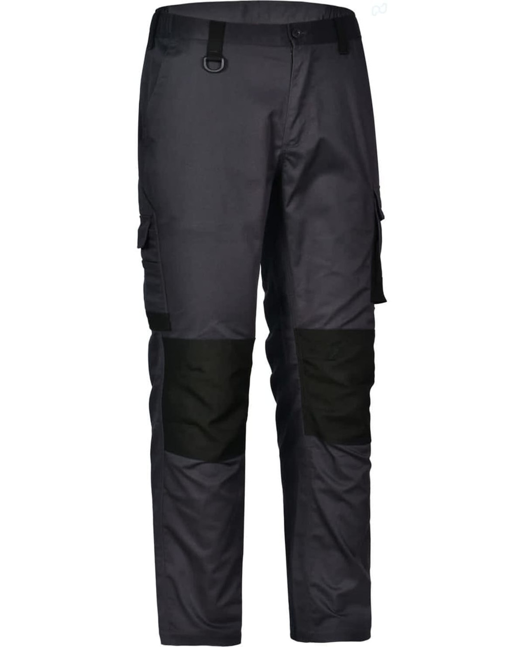 Unisex utility stretch cargo work pants in black with contrasting black panels and multiple pockets.