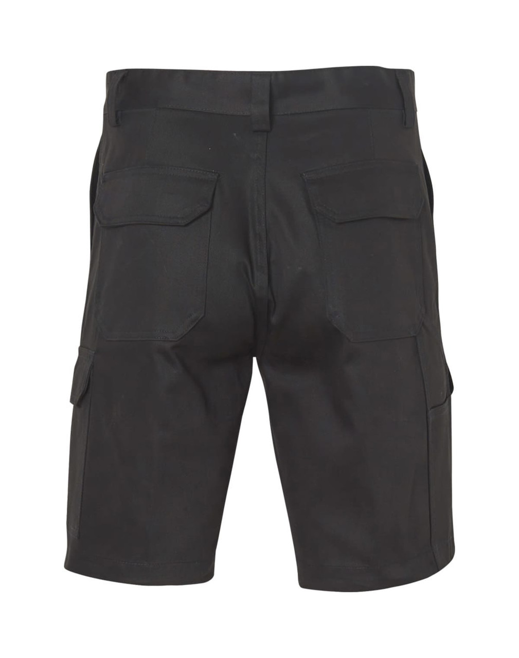 A pair of black heavy cotton drill shorts featuring multiple pockets and a back view design.