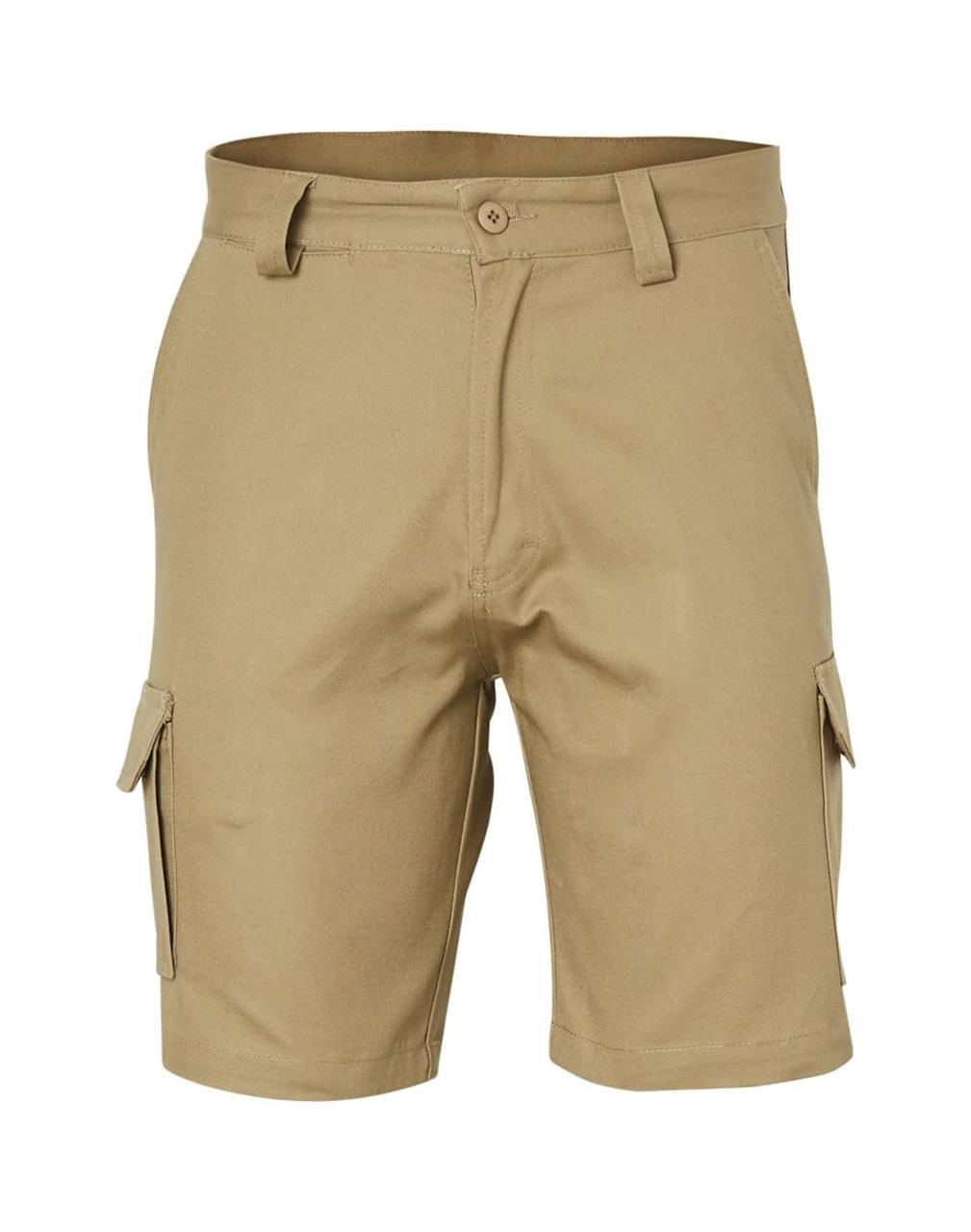 Beige heavy cotton drill cargo shorts with two side pockets and a button closure. Features a logo on the waistband.