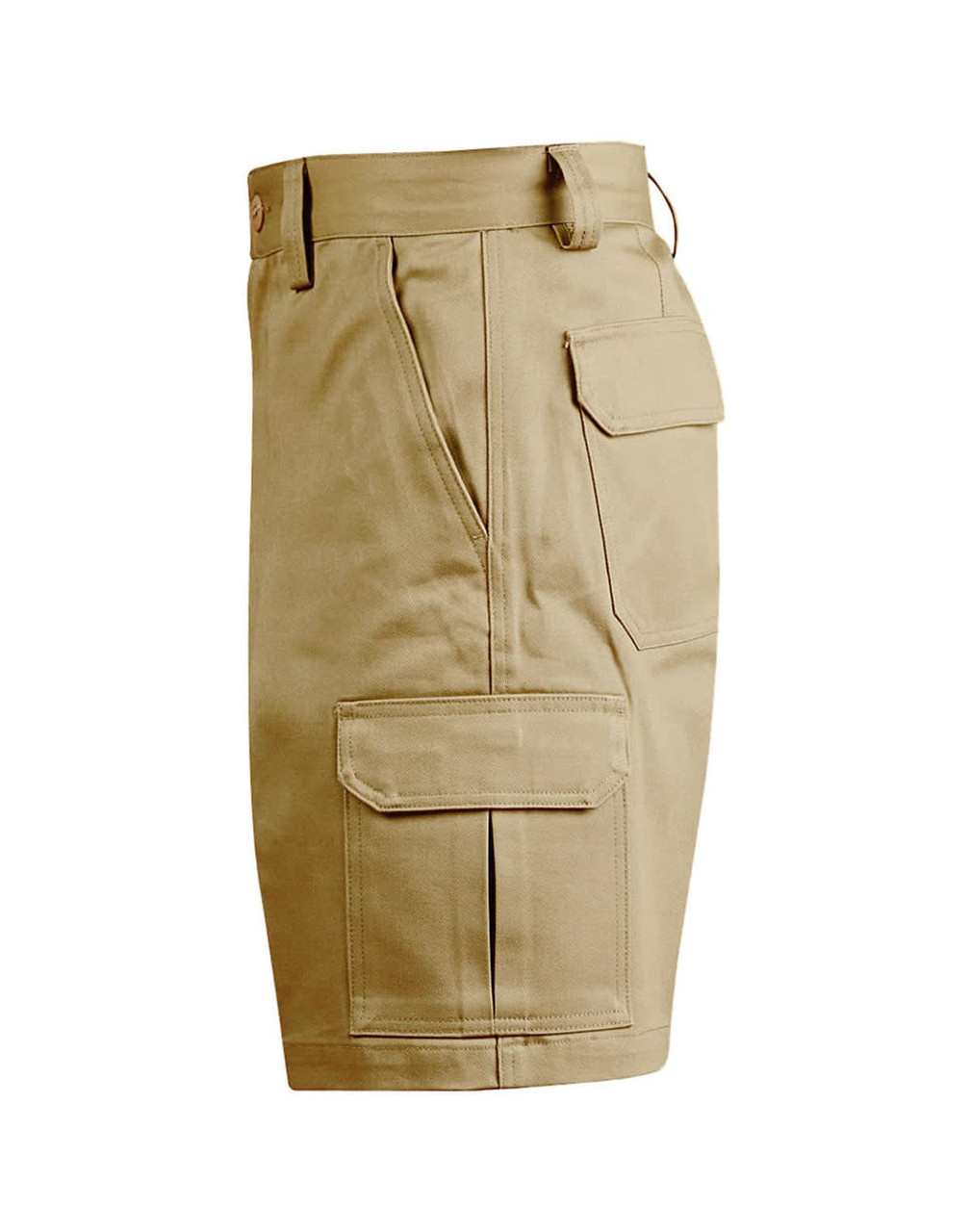 A pair of khaki men's heavy cotton drill shorts with multiple cargo pockets and a logo.