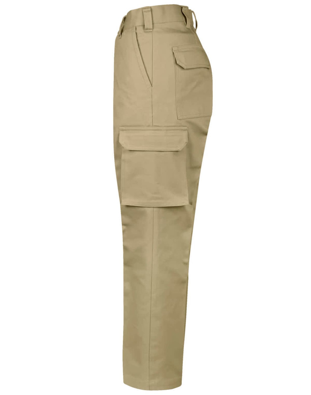 Khaki cargo pants featuring a drill pant pocket on the leg and a regular fit, with a small logo visible.