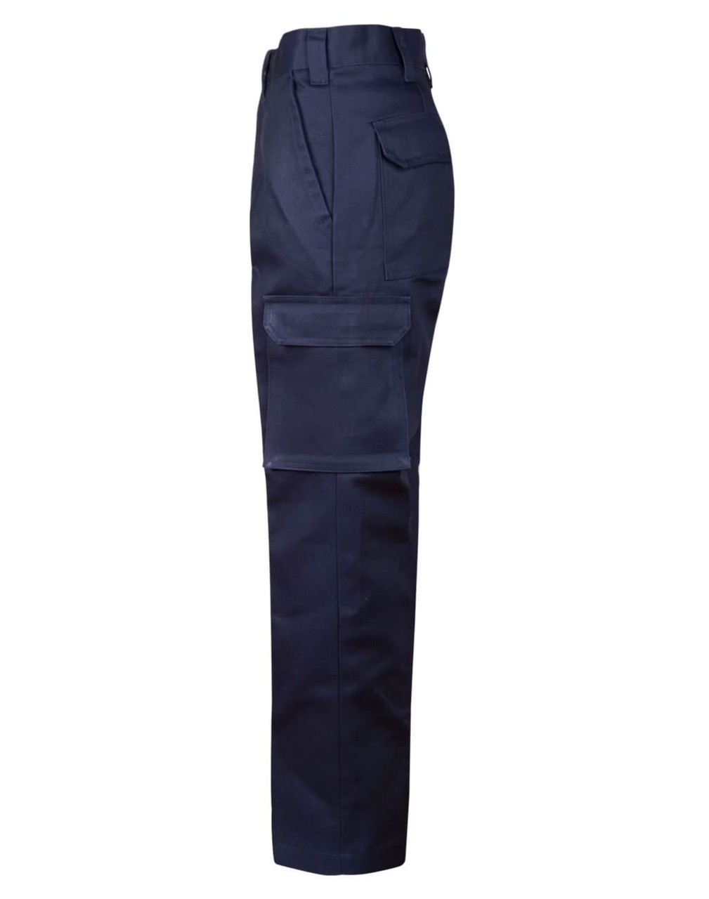 A side view of navy cargo pants featuring a large pocket on the leg and a regular fit silhouette.