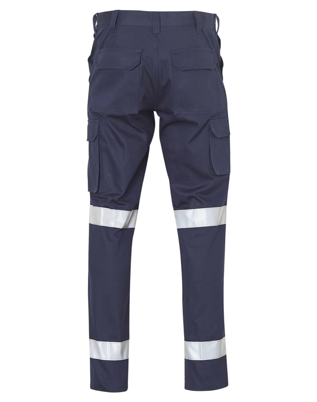 Navy work pants with reflective strips, featuring multiple side pockets and a logo. Back view displayed.