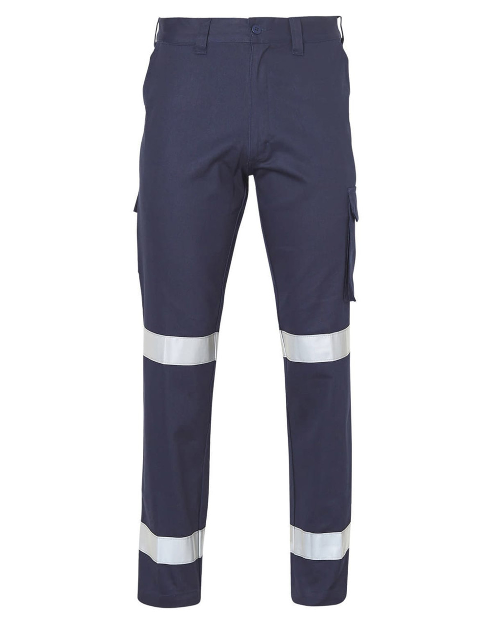 Navy work pants featuring a drill pant pocket on the leg and reflective strips. Includes a logo on the waistband.