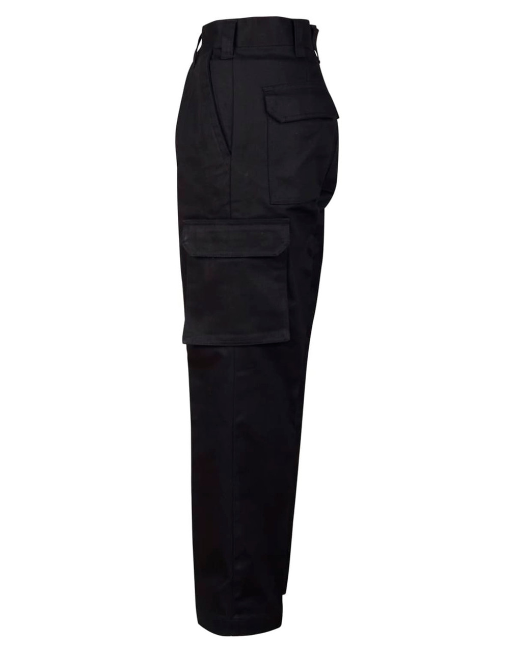 Black cargo pants featuring drill pant pockets on the leg, designed in a stout fit, viewed from the side.