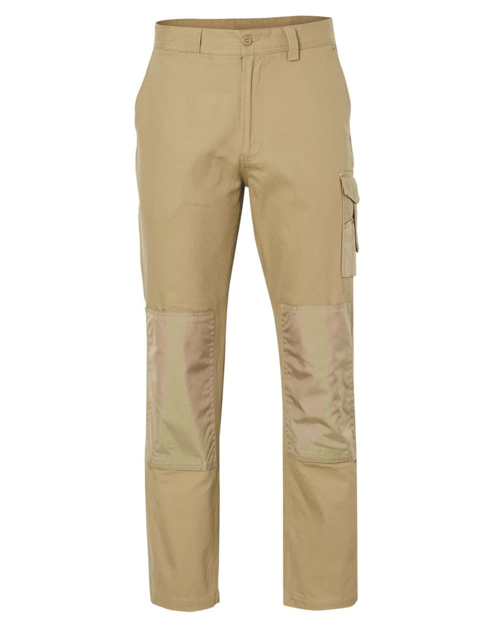 Khaki work pants with reinforced patches, featuring a cargo pocket and a logo. Suitable for heavy-duty use.