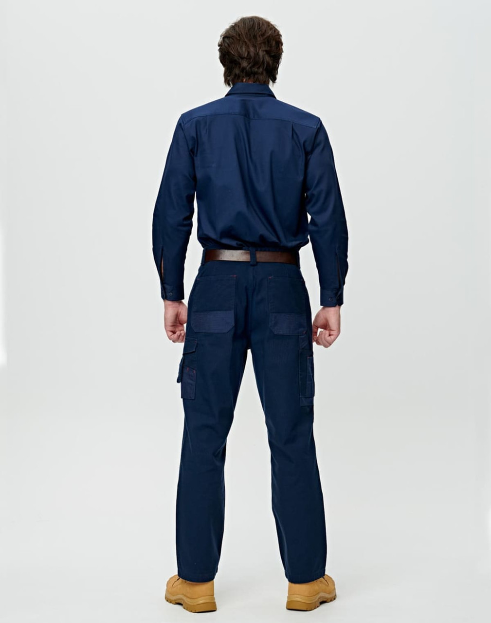 A pair of navy work pants with a straight fit, featuring cargo pockets, displayed from the back.