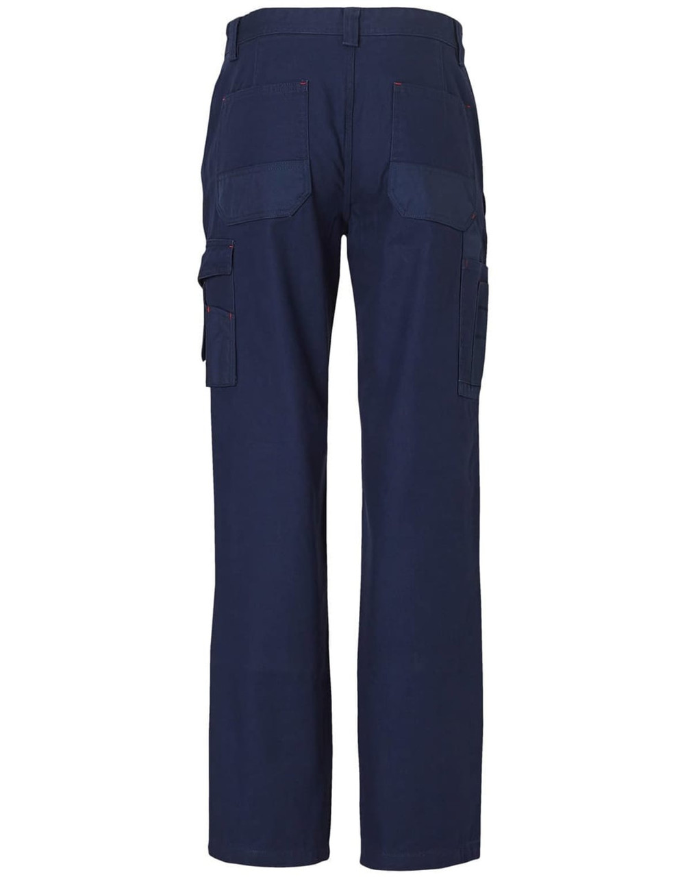 Ladies' work pants in navy blue, featuring multiple pockets and a straight leg design. Includes a logo on the waistband.