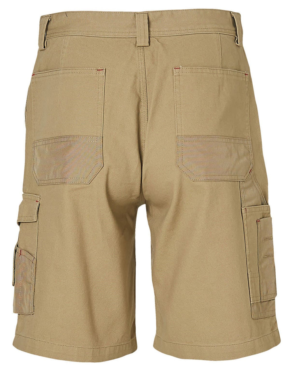 Cargo work shorts in khaki with multiple pockets at the back and sides. Includes a logo on one of the pockets.