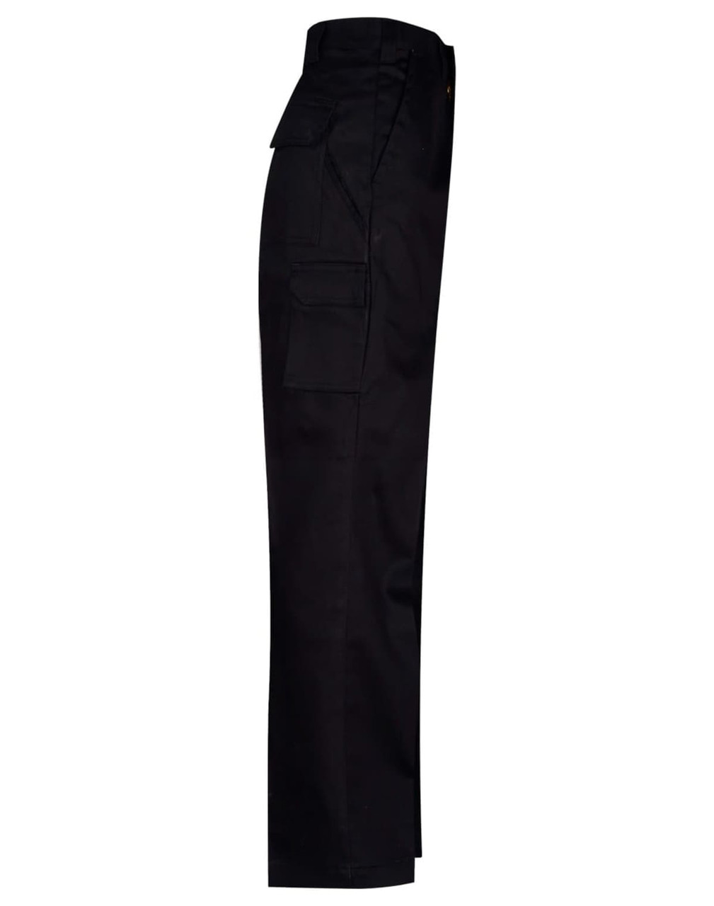 Black work pants featuring a drill pant pocket on the leg and a long fit design. Includes a branded logo.