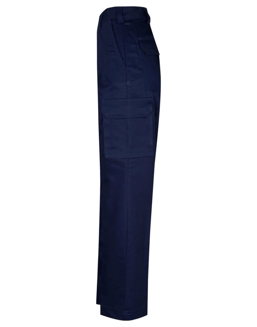 Navy blue work pants with a long fit and a drill pocket on the leg, featuring a side view and a logo.
